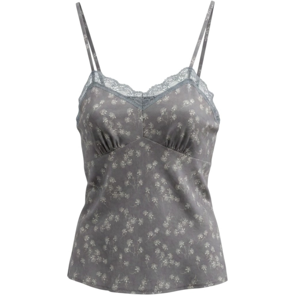 American Eagle 100% Silk Lace Trim Floral Cami Top Grey 4 Coquette Fairy Grunge
